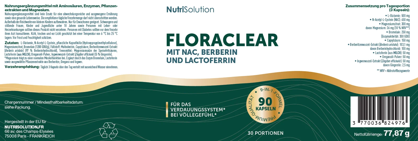 Offizielles deutsches Etikett von FloraClear mit Zusammensetzung pro Tagesportion