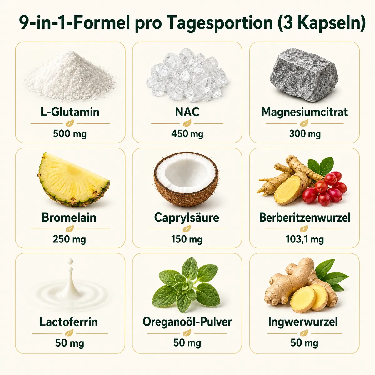 FloraClear 9-in-1-Formel pro Tagesportion mit den Mengen aller neun Inhaltsstoffe